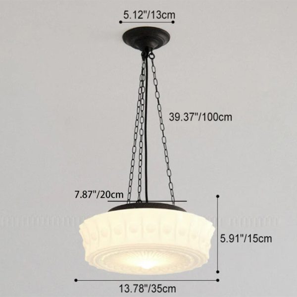 French Vintage White Jade Glass Stripes Round Drum LED Semi-Flush Mount Ceiling Light - Image 9
