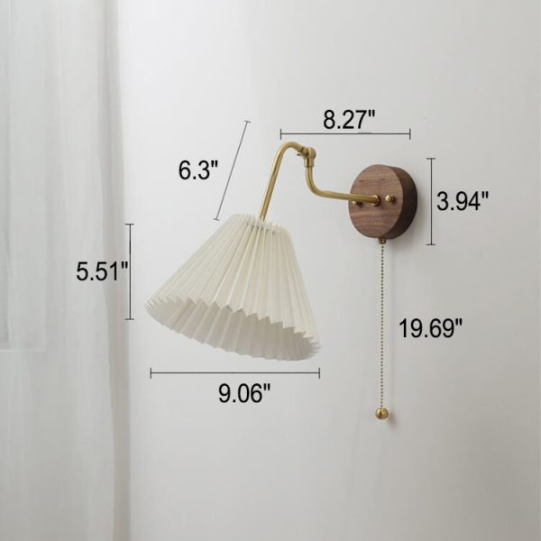 Nordic Vintage Walnut Brass Pleated Shade 1-Light Wall Sconce Lamp - Image 7