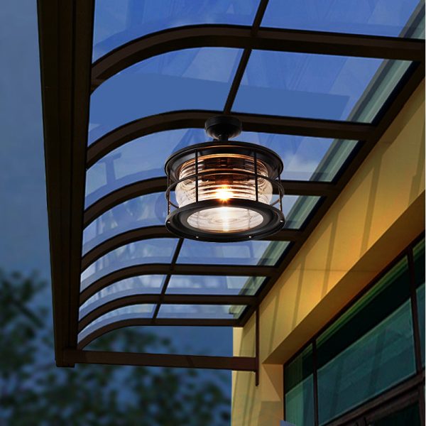 Industrial Vintage Glass Drum 1-Light Outdoor Semi-Flush Mount Ceiling Light - Image 2