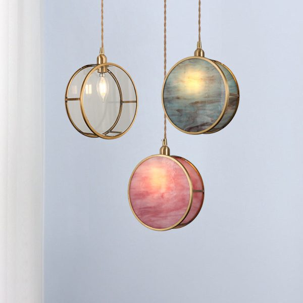 Japanese Vintage Round Drum Glass Brass 1-Light Pendant Light - Image 4