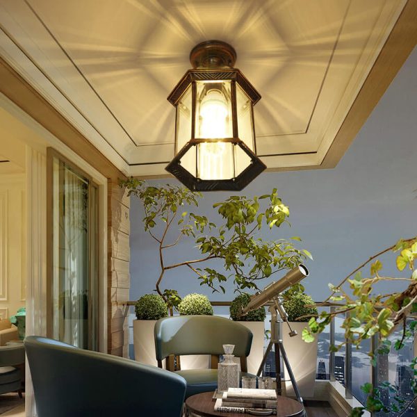 European Outdoor Hexagonal Lantern Waterproof 1-Light Semi-Flush Mount Ceiling Light - Image 3
