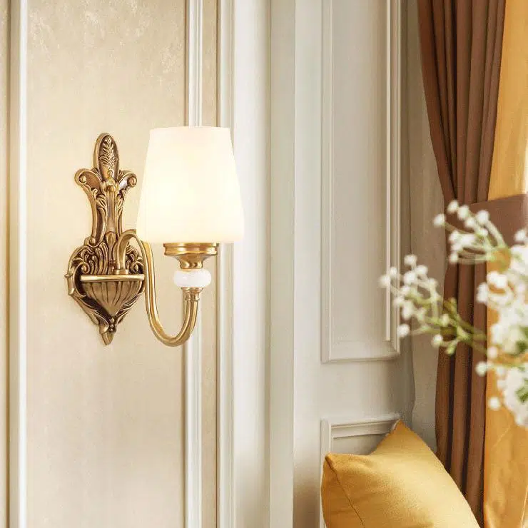 01-5de3ff5f-629f-444b-84b4-9214510f78de.jpg European Luxury Jade Glass Brass Cone Cup Shade 1/2 Light Wall Sconce Lamp - Image 1