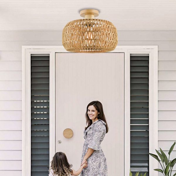 Vintage Industrial Rattan Twine Weaving Drum 1-Light Semi-Flush Mount Ceiling Light - Image 7