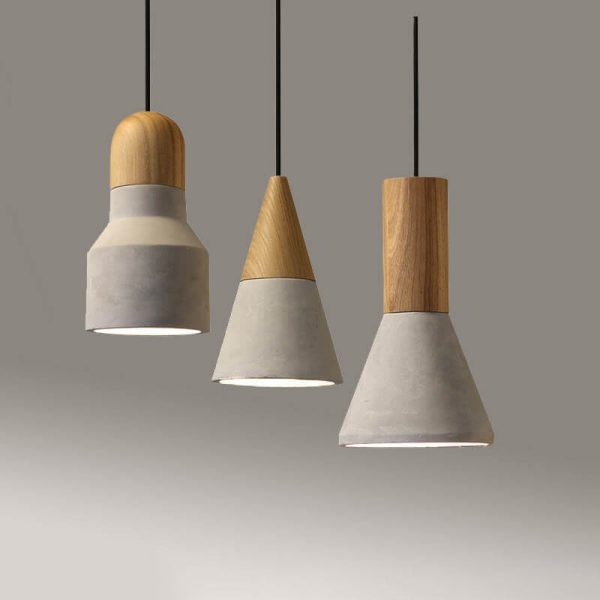Contemporary Industrial Round Cone Triangle Cement Rubber Wood 1-Light Pendant Light For Living Room - Image 11