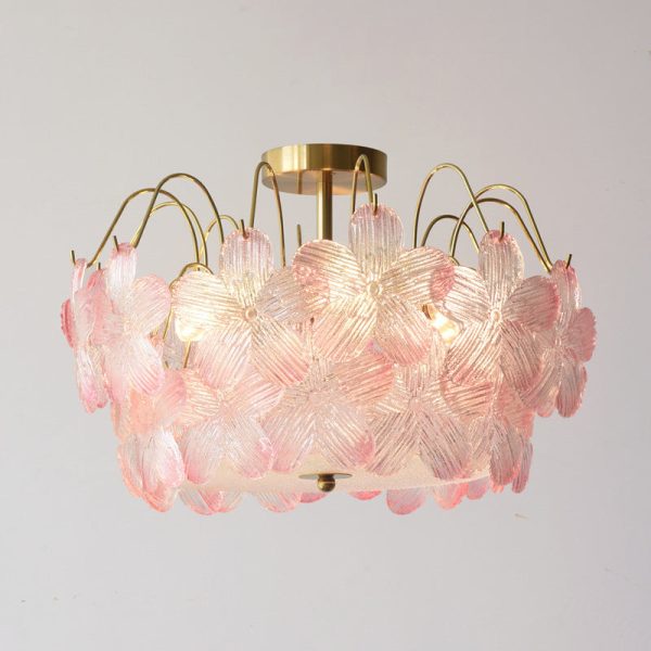 Traditional French Iron Glass Round Flower 5/6 Light Semi-Flush Mount Ceiling Light For Living Room - Image 3