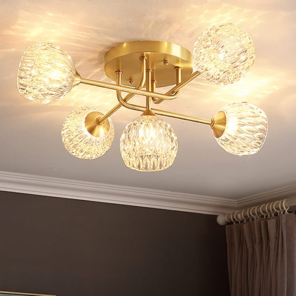 Mid-Century Modern Round Copper Crystal Glass 5-Light Semi-Flush Mount Ceiling Light - Image 2
