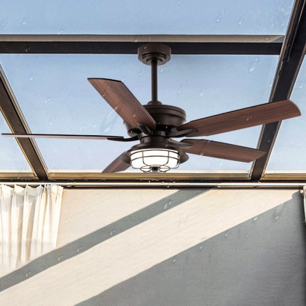 Contemporary Industrial Waterproof Wood Fan Blade Round Iron Frame Shade LED Downrods Ceiling Fan Light For Outdoor Patio - Image 10