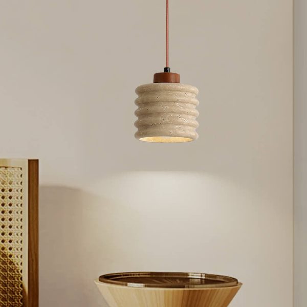 Japanese Wabi-Sabi Yellow Travertine Cylinder Lampshade Wood 1-Light Pendant Light - Image 2