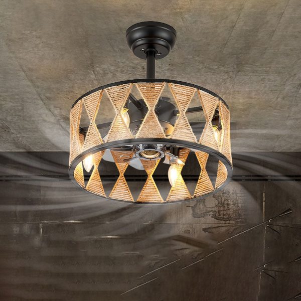 Industrial Creative Hemp Rope Cylinder 4-Light Downrods Ceiling Fan Light - Image 2
