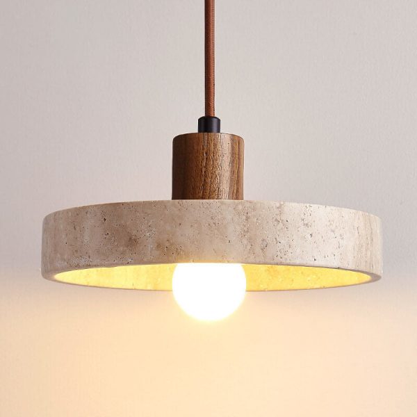 Japanese Minimalist Solid Wood Disc Yellow Travertine Base 1-Light Pendant Light - Image 8