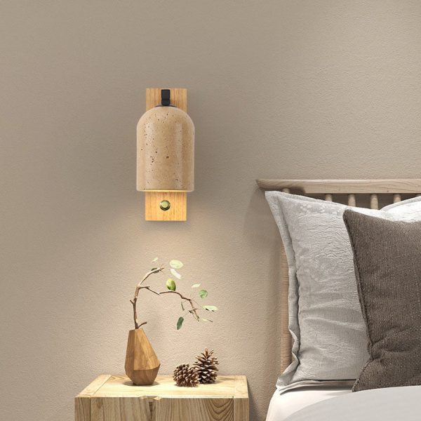 Japanese Vintage Stone Cylinder Wooden Base 1-Light Wall Sconce Lamp - Image 3