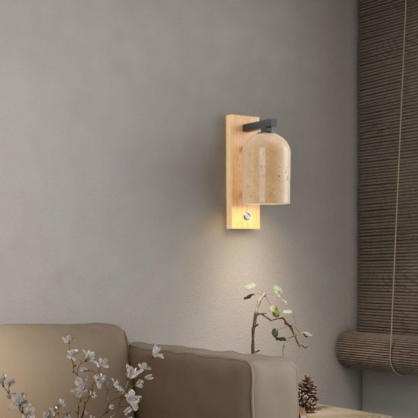 Japanese Vintage Stone Cylinder Wooden Base 1-Light Wall Sconce Lamp - Image 7
