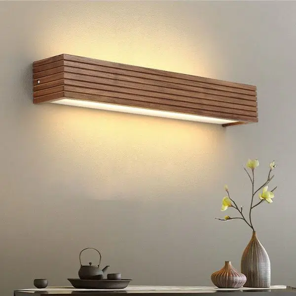 Traditional Chinese Striped Wood Cuboid LED Vanity Mirror Front Wall Sconce Lamp For Bathroom - Image 15