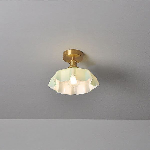 Japanese Vintage Cream Glass Floral Brass 1-Light Semi-Flush Mount Ceiling Light - Image 5