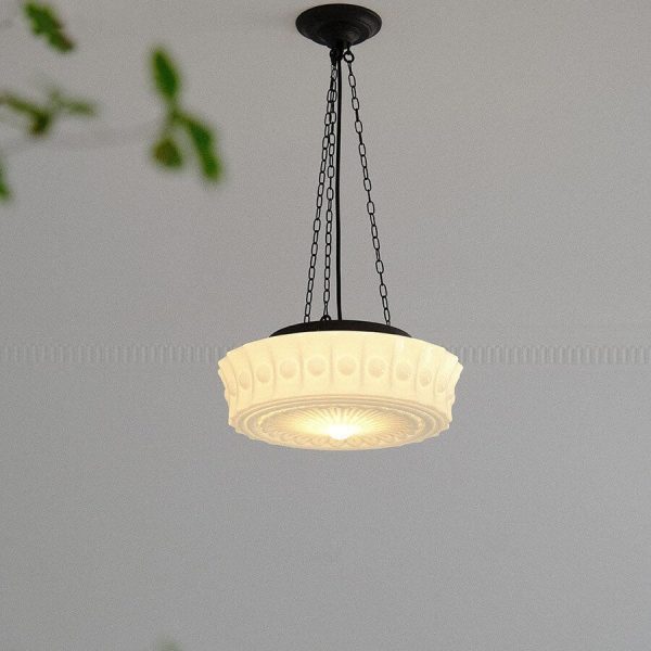 French Vintage White Jade Glass Stripes Round Drum LED Semi-Flush Mount Ceiling Light - Image 14