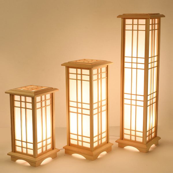 Traditional Japanese Wood Acrylic Pillar Rectangular 1/2/3 Light Standing Floor Lamp For Bedroom - Image 15