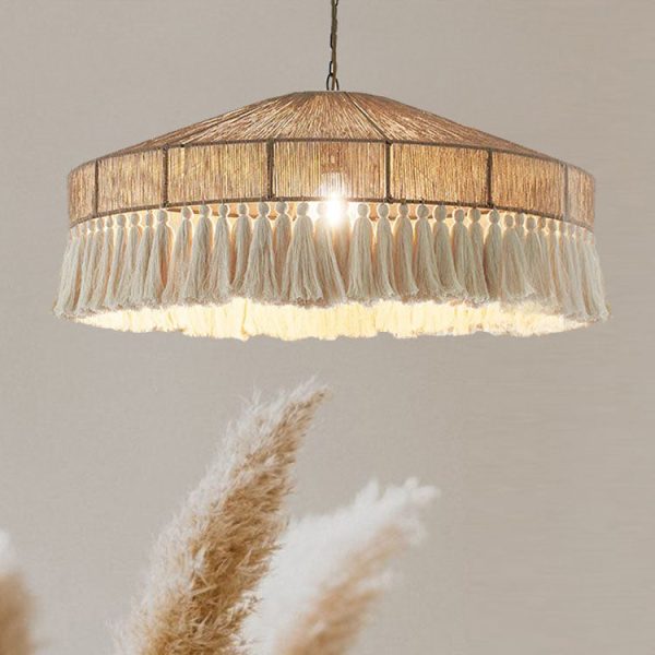 Contemporary Boho Linen Rope Tassel Round 1-Light Pendant Light For Dining Room - Image 11
