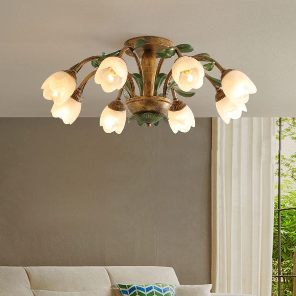 Traditional Rustic Floral Iron Glass 6/8/10 Light Semi-Flush Mount Ceiling Light For Living Room - Image 10
