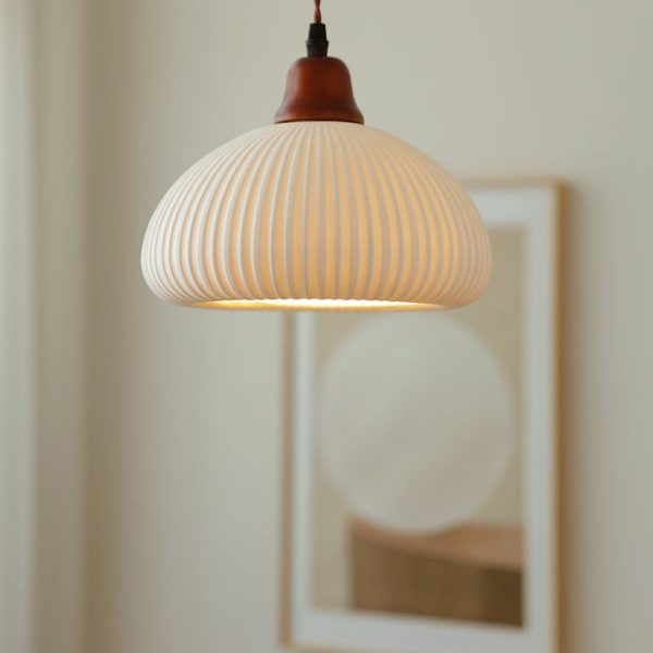 Japanese Vintage Pleated Ceramic Round Dome Wood 1-Light Pendant Light - Image 7