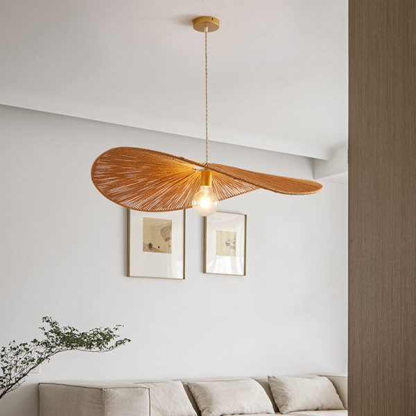 Japanese Minimalist Rope Weaving Straw Hat Round 1-Light Pendant Light - Image 2