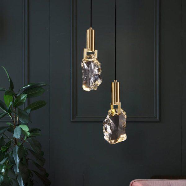 Modern Luxury Copper Irregular Crystal Stone LED Pendant Light For Living Room - Image 10