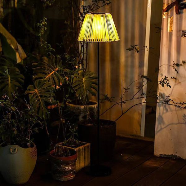 Traditional Farmhouse Waterproof Solar Trapezoidal Handmade Woven Rattan LED Standing Floor Lamp For Garden - Image 4