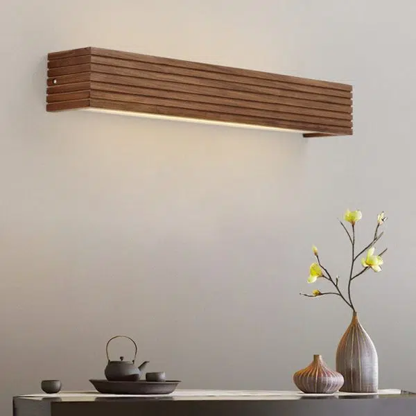 Traditional Chinese Striped Wood Cuboid LED Vanity Mirror Front Wall Sconce Lamp For Bathroom