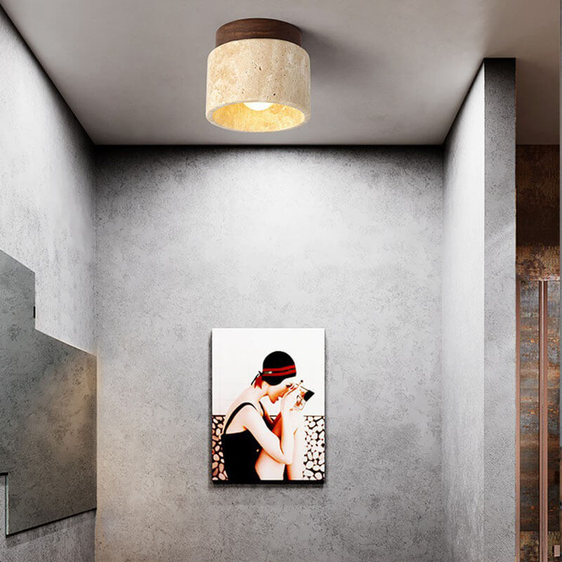 02-022e4a17-9ef9-411a-977b-7425480c70c9.jpg Japanese Minimalist Round Yellow Travertine Shade 1-Light Semi-Flush Mount Ceiling Light - Image 1