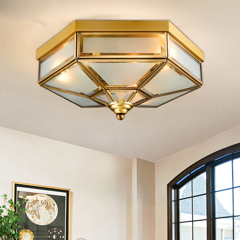02-114b0389-b77d-4a0e-ba35-b553421a3746.jpg Traditional European Polygonal All Copper Glass 3/4 Light Flush Mount Ceiling Light For Living Room - Image 1