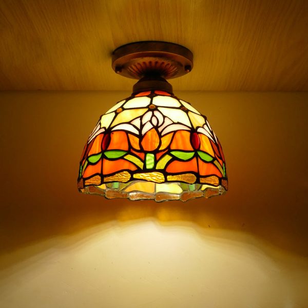 Traditional Tiffany Tulip Stained Glass Iron Dome 1-light Semi-Flush Mount Ceiling Light For Living Room - Image 2