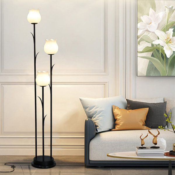 Contemporary Scandinavian Cylinder Flower Iron Glass 3-Light Standing Floor Lamp For Living Room - Image 7