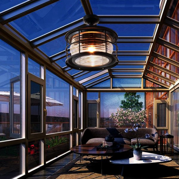 Industrial Vintage Glass Drum 1-Light Outdoor Semi-Flush Mount Ceiling Light - Image 14