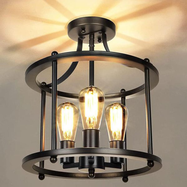 Industrial Vintage Round Drum 3-Light Semi-Flush Mount Ceiling Light - Image 2