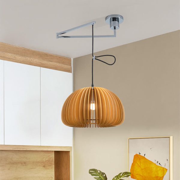 Japanese Minimalist Wooden Pumpkin Swing Arm 1-Light Pendant Light - Image 2