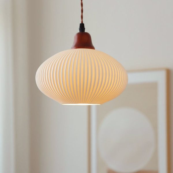 Japanese Vintage Pleated Ceramic Round Dome Wood 1-Light Pendant Light - Image 2