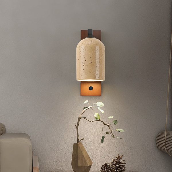 Japanese Vintage Stone Cylinder Wooden Base 1-Light Wall Sconce Lamp - Image 2