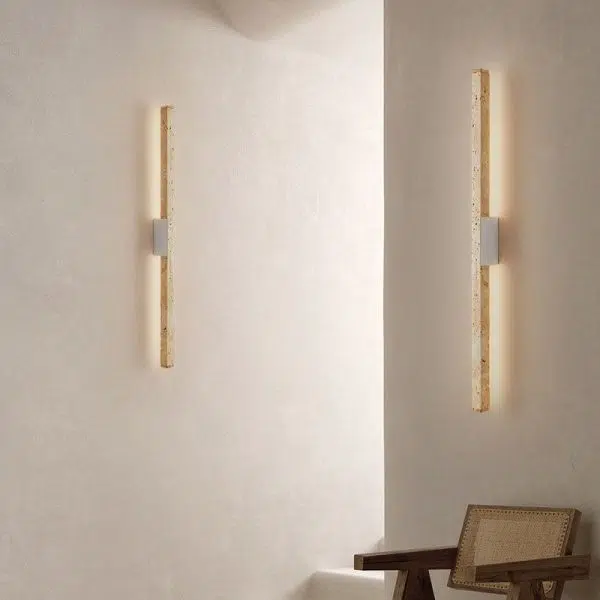 Japanese Wabi-Sabi Yellow Travertine Wood Long Strip LED Wall Sconce Lamp - Image 14