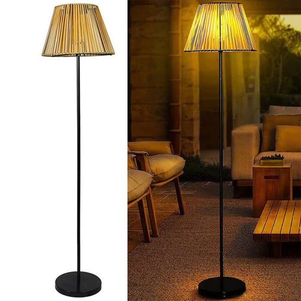 Traditional Farmhouse Waterproof Solar Trapezoidal Handmade Woven Rattan LED Standing Floor Lamp For Garden - Image 5