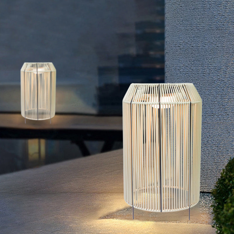 02-62cca070-1b81-4d62-adb9-7a47e117d327.jpg Traditional Chinese Solar Waterproof Cylindrical PE Rattan LED Standing Floor Lamp For Outdoor Patio - Image 1