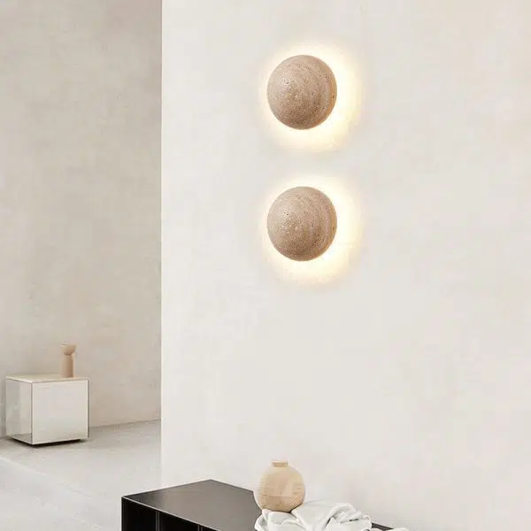 Japanese Minimalist Round Yellow Travertine Wabi-Sabi LED Wall Sconce Lamp