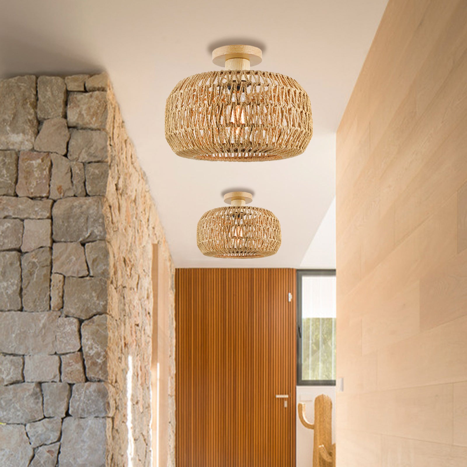 02-75bdc5fe-e328-43ef-b166-e2150972fea4.jpg Vintage Industrial Rattan Twine Weaving Drum 1-Light Semi-Flush Mount Ceiling Light - Image 1