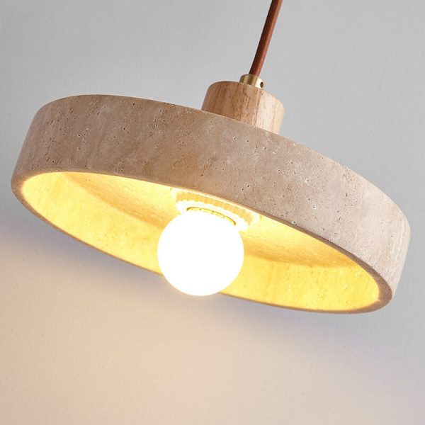 Japanese Minimalist Solid Wood Disc Yellow Travertine Base 1-Light Pendant Light - Image 5