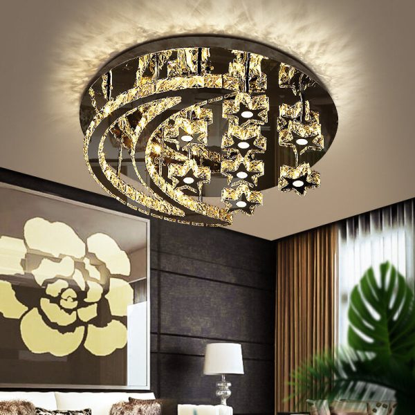 Modern Romantic Stainless Steel Crystal Star Moon LED Flush Mount Ceiling Light - Image 2