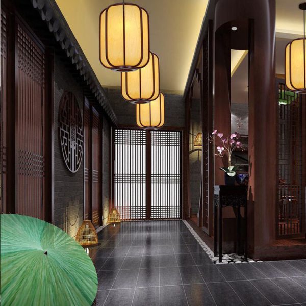 Modern Chinese Faux Sheepskin Wooden Lantern 1-Light Pendant Light - Image 4