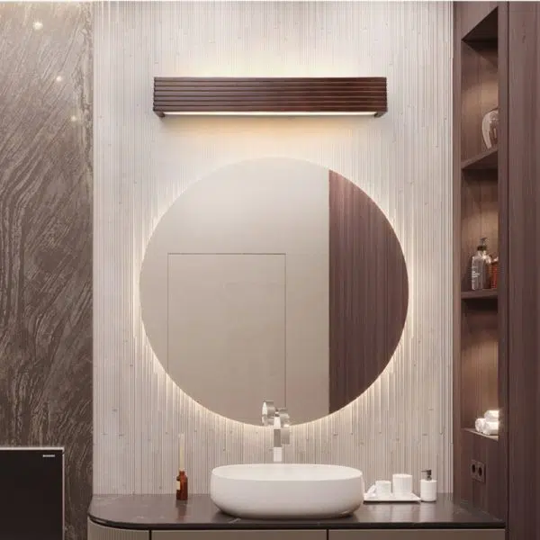 Traditional Chinese Striped Wood Cuboid LED Vanity Mirror Front Wall Sconce Lamp For Bathroom - Image 11