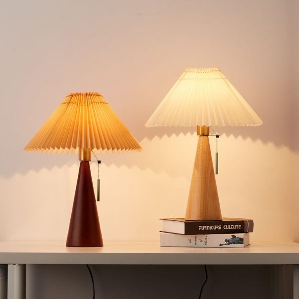 Japanese Minimalist Vintage Pleated Wooden Fabric LED Table Lamp - Image 7