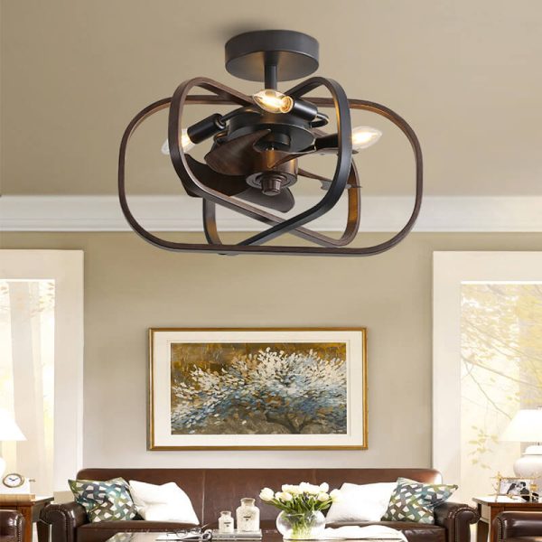 Industrial Minimalist Copper Iron Round Square 4-Light Semi-Flush Mount Ceiling Fan Light - Image 2