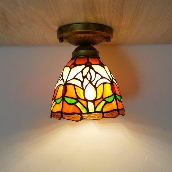 Traditional Tiffany Tulip Stained Glass Iron Dome 1-light Semi-Flush Mount Ceiling Light For Living Room - Image 7