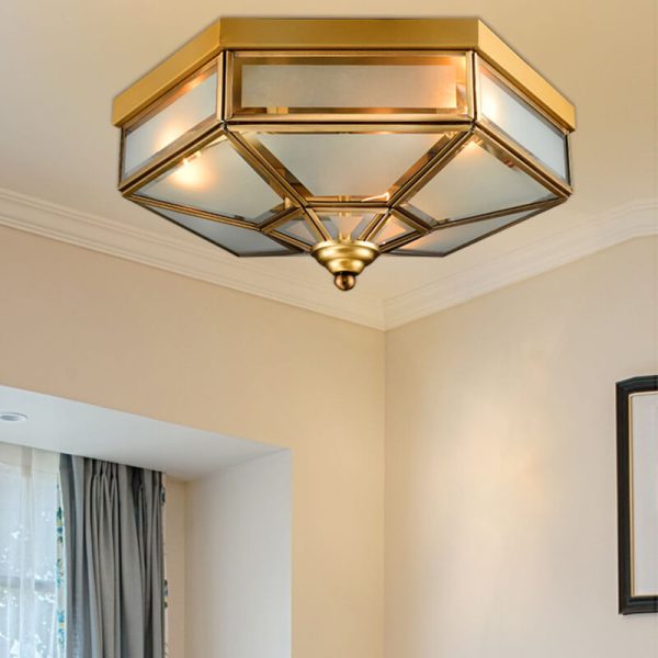 Traditional European Polygonal All Copper Glass 3/4 Light Flush Mount Ceiling Light For Living Room - Image 10