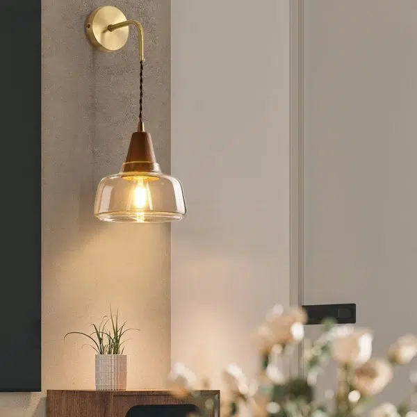 Japanese Walnut Glass  Copper Cylinder 1-Light Wall Sconce Lamp - Image 2